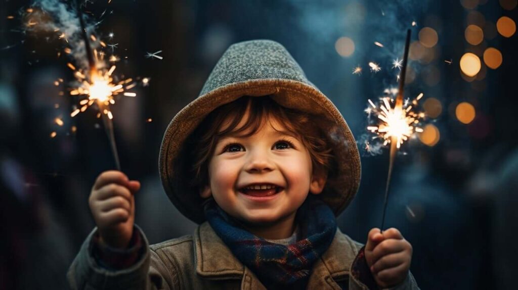 Silvester-Special FamilyShift Beitragsbild: Glückliches Kind mit Wunderkerzen an Neujahr